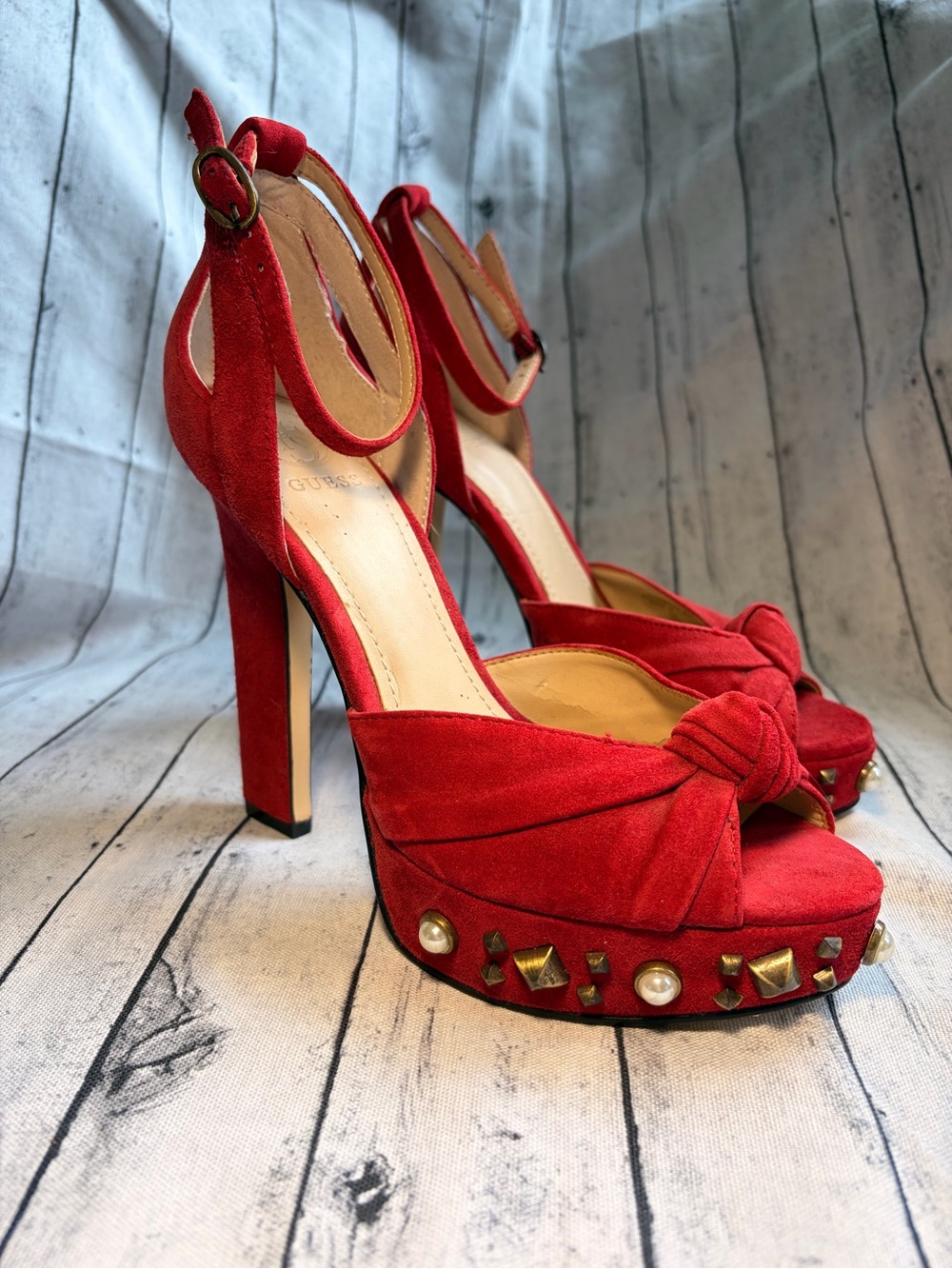Guess Kenzie Red Suede Platform High Heels with Stud & Pearl Accents
